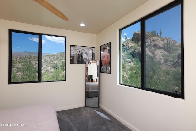 interior space featuring ceiling fan and dark colored carpet