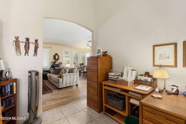 office featuring ceiling fan and light wood-type flooring