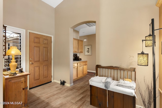 entryway featuring a towering ceiling and light hardwood / wood-style flooring