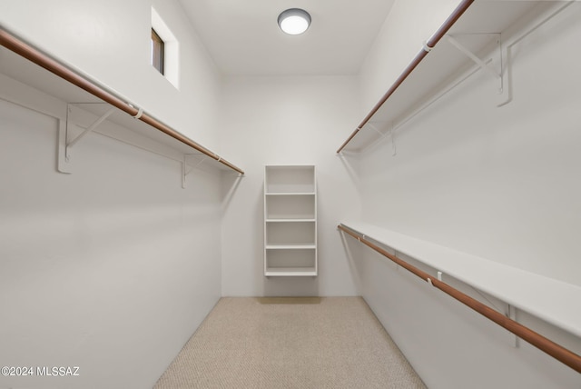 walk in closet with light carpet