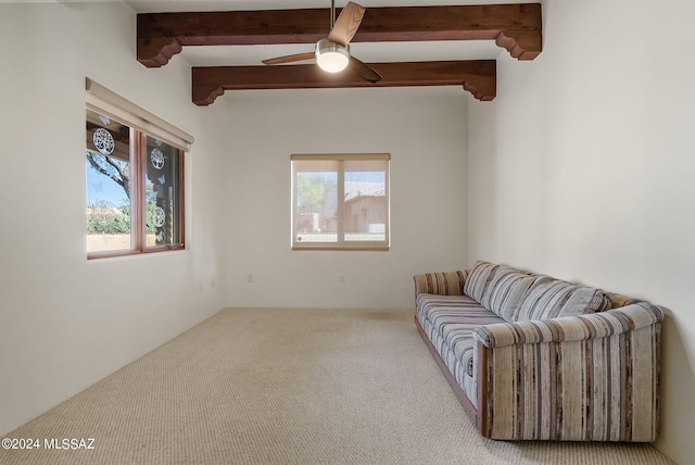 sitting room featuring ceiling fan, a wealth of natural light, beam ceiling, and light carpet