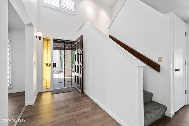 entryway with a towering ceiling and dark hardwood / wood-style floors