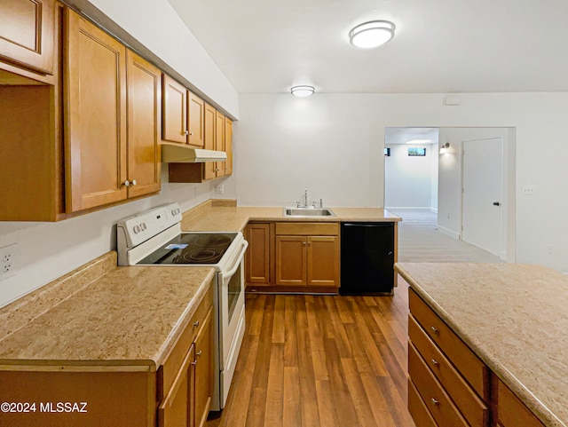 kitchen with dark hardwood / wood-style flooring, sink, dishwasher, and electric stove