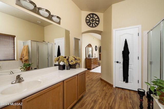 bathroom featuring wood-type flooring, a shower with door, and vanity