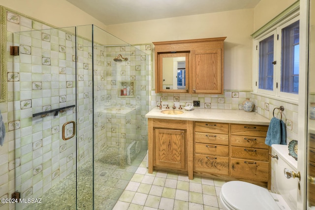 bathroom featuring toilet, walk in shower, tile patterned flooring, vanity, and backsplash