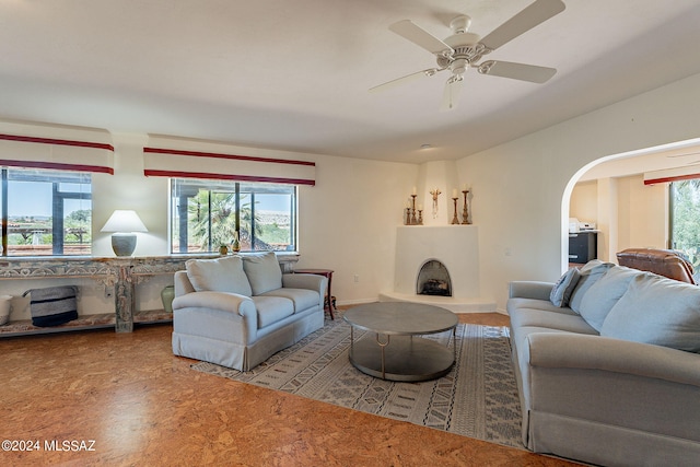 living room with ceiling fan