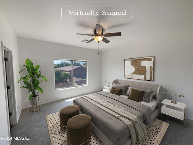 bedroom featuring baseboards, carpet, visible vents, and ceiling fan