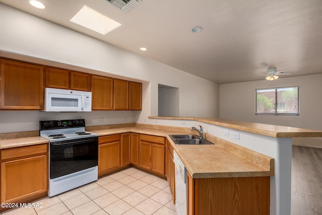 kitchen with white appliances, light hardwood / wood-style flooring, kitchen peninsula, sink, and ceiling fan