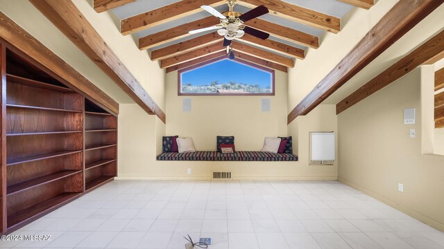 unfurnished living room with built in features, ceiling fan, light tile patterned floors, and lofted ceiling with beams