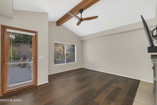 unfurnished living room with vaulted ceiling with beams, ceiling fan, and hardwood / wood-style floors