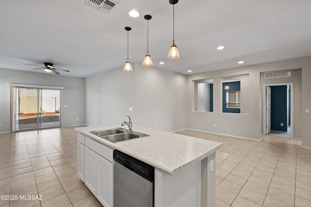 kitchen featuring dishwasher, decorative light fixtures, white cabinetry, ceiling fan, and sink