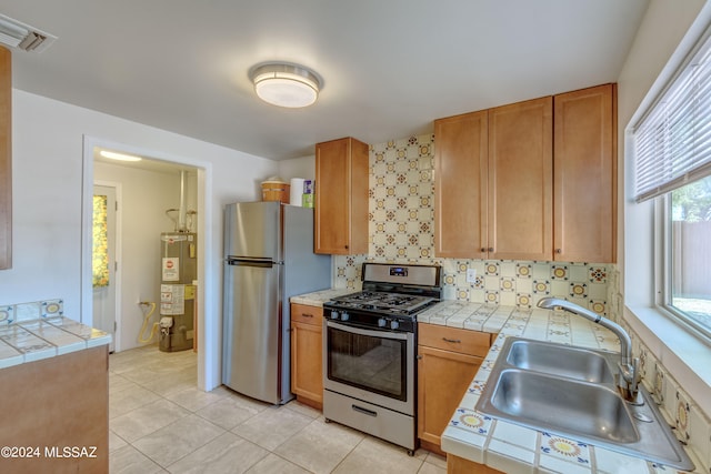 kitchen featuring water heater, tile countertops, stainless steel appliances, sink, and decorative backsplash