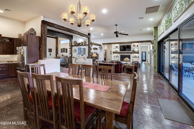 dining space with recessed lighting, a fireplace, visible vents, and ceiling fan with notable chandelier