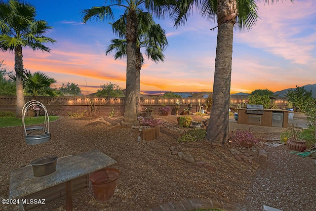 yard at dusk featuring area for grilling