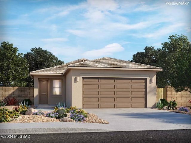 single story home featuring stucco siding, an attached garage, fence, and concrete driveway
