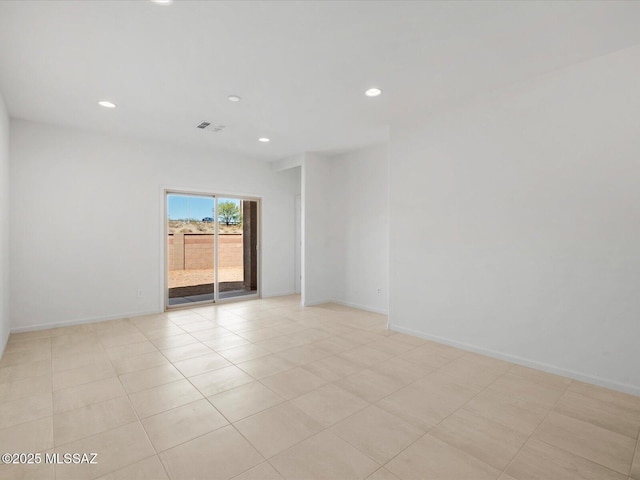 unfurnished room featuring recessed lighting, baseboards, visible vents, and light tile patterned flooring