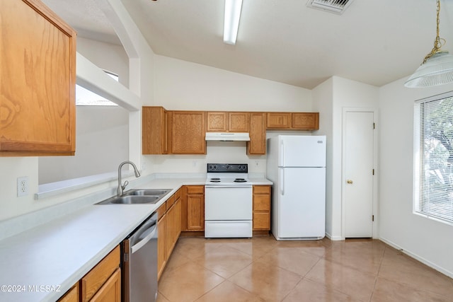 kitchen with white appliances, sink, hanging light fixtures, lofted ceiling, and light tile patterned flooring