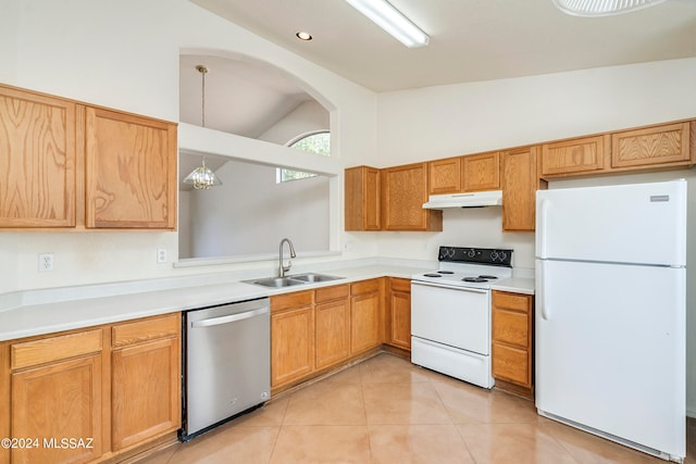 kitchen with pendant lighting, high vaulted ceiling, white appliances, sink, and light tile patterned flooring