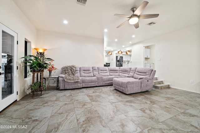 living room with recessed lighting, visible vents, marble finish floor, and a ceiling fan