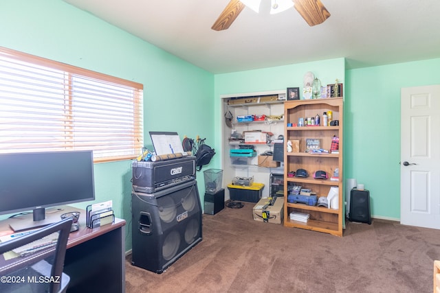 home office featuring ceiling fan and carpet floors