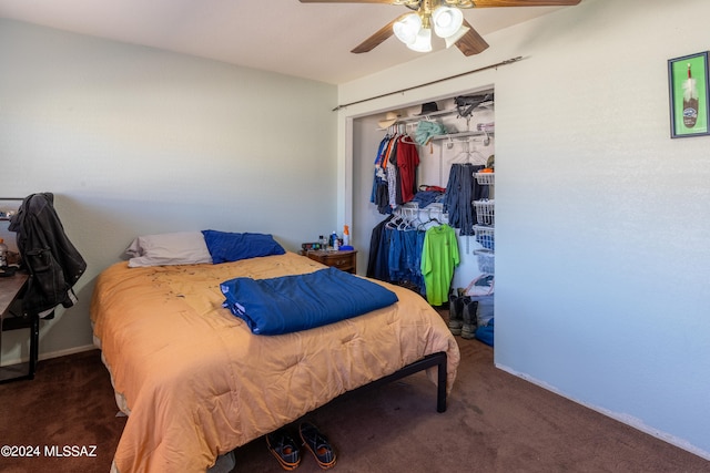 carpeted bedroom with a closet and ceiling fan