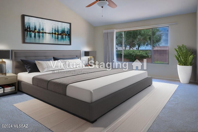 bedroom with lofted ceiling, ceiling fan, and carpet flooring