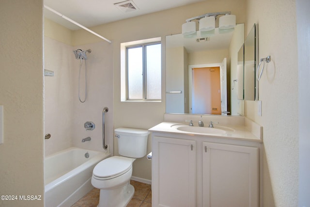 full bathroom featuring shower / bath combination, vanity, tile patterned flooring, and toilet