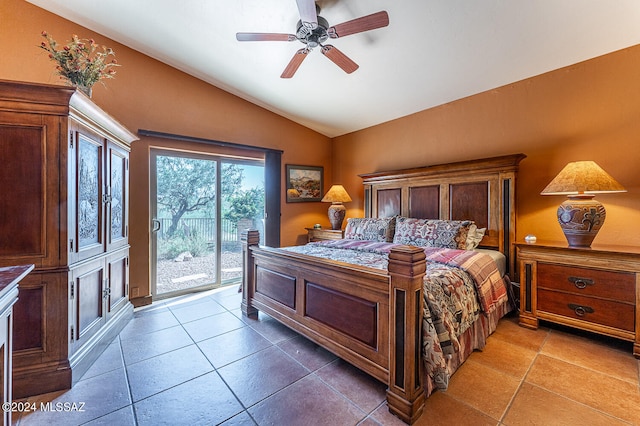 tiled bedroom with vaulted ceiling, access to exterior, and ceiling fan