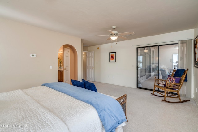 carpeted bedroom featuring access to outside and ceiling fan