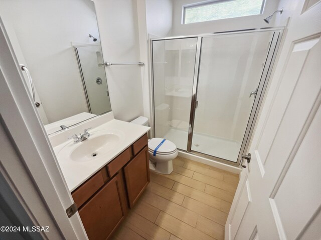 bathroom with vanity, toilet, wood finished floors, and a shower stall