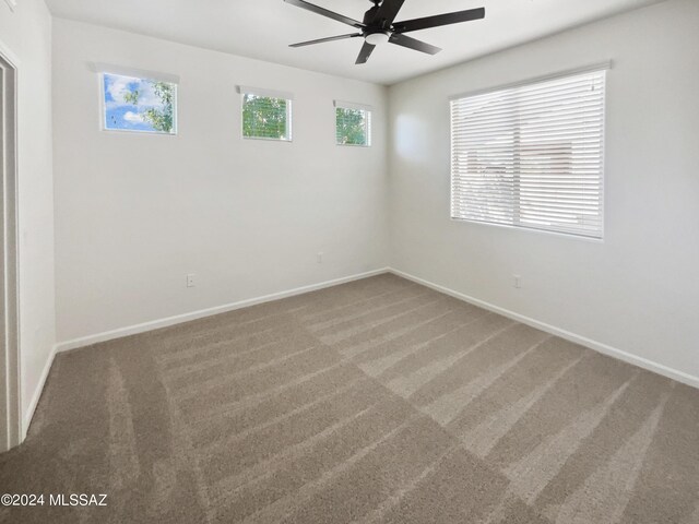 empty room featuring baseboards, a ceiling fan, and carpet floors