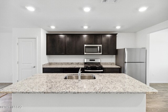 kitchen featuring light stone countertops, stainless steel appliances, sink, and a center island with sink