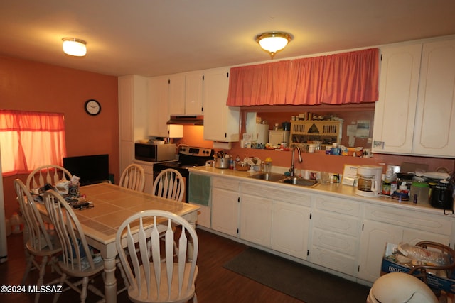 kitchen with white cabinetry, stainless steel electric range, sink, and dark hardwood / wood-style floors