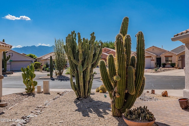 view of yard with a mountain view and a garage