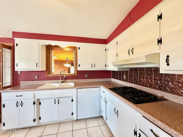 kitchen featuring light tile patterned floors, black gas cooktop, white dishwasher, a sink, and under cabinet range hood