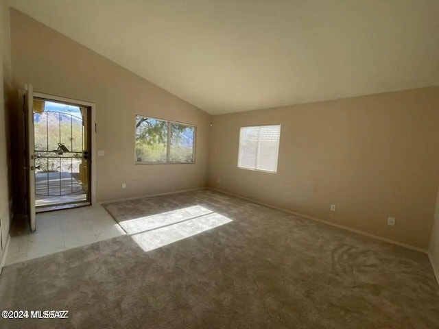 carpeted empty room with lofted ceiling and a wealth of natural light