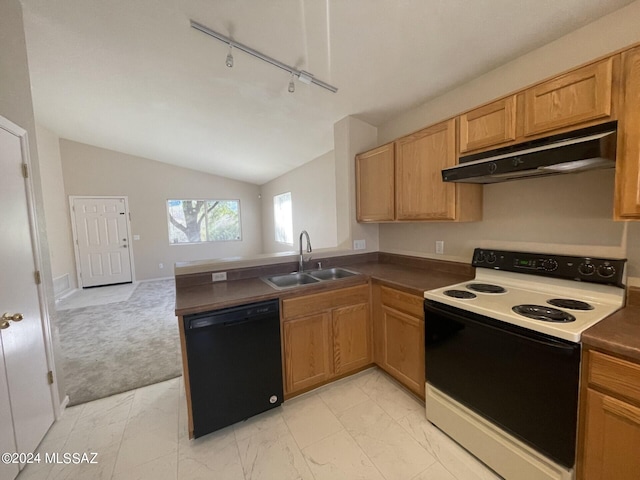 kitchen with sink, white electric range, lofted ceiling, black dishwasher, and rail lighting