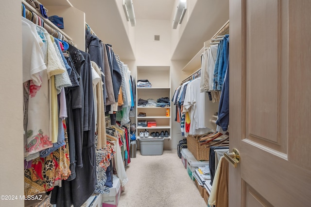 walk in closet with light carpet