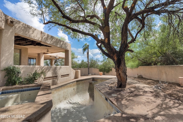 view of yard featuring a patio and ceiling fan