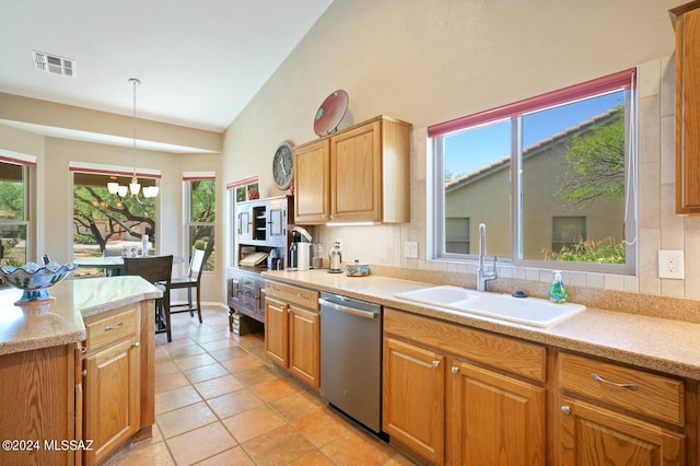 kitchen featuring backsplash, a chandelier, stainless steel dishwasher, pendant lighting, and sink