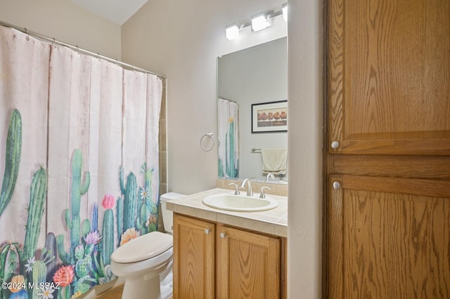 1892 E E Clf, Swallow Trail, Green Valley, AZ 85614 - bathroom featuring vanity, a shower with curtain, and toilet