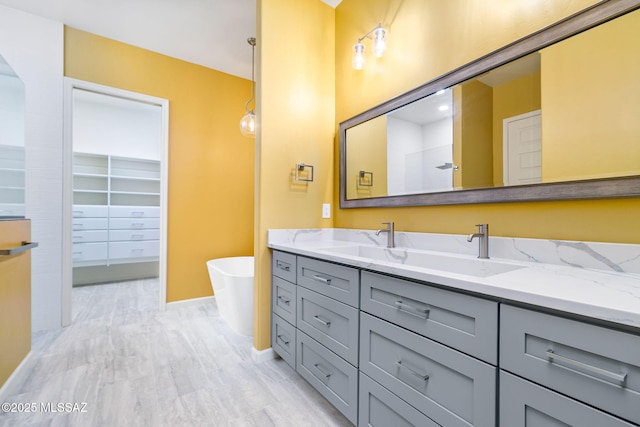 bathroom with separate shower and tub and vanity