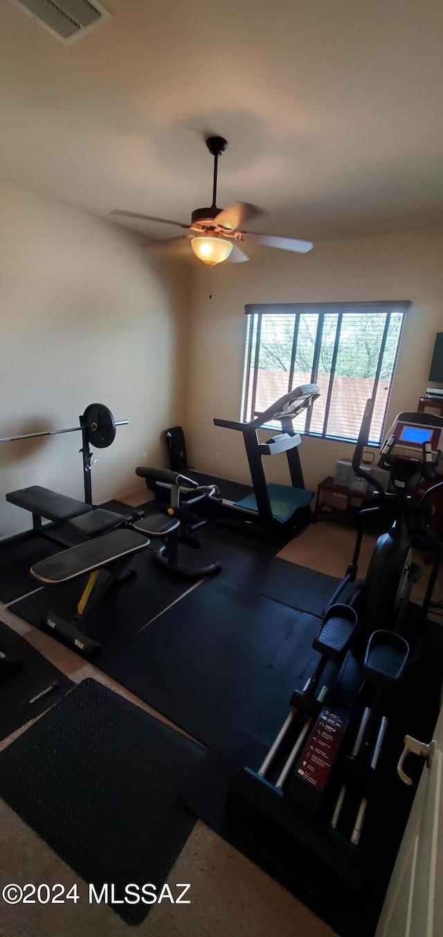 exercise room with ceiling fan