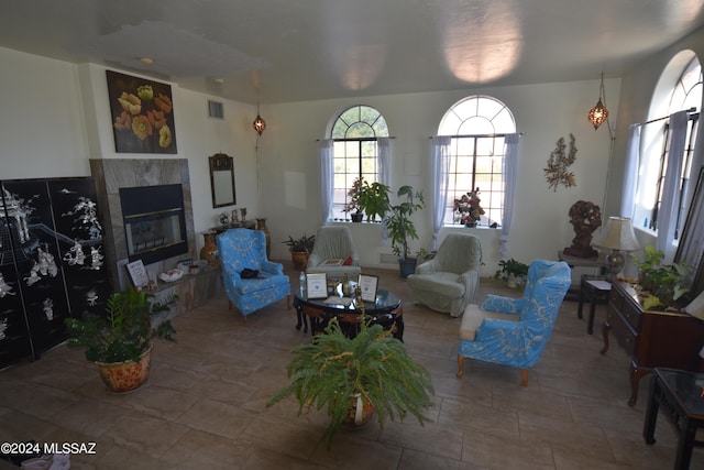 living room with a fireplace