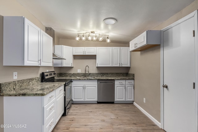 kitchen with sink, white cabinetry, stainless steel appliances, and light wood-type flooring