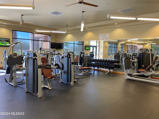 workout area featuring ceiling fan