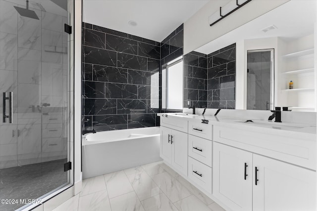 bathroom with tile walls, vanity, and separate shower and tub