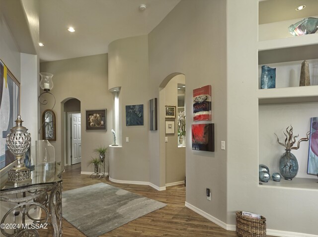 entryway featuring wood-type flooring and a high ceiling