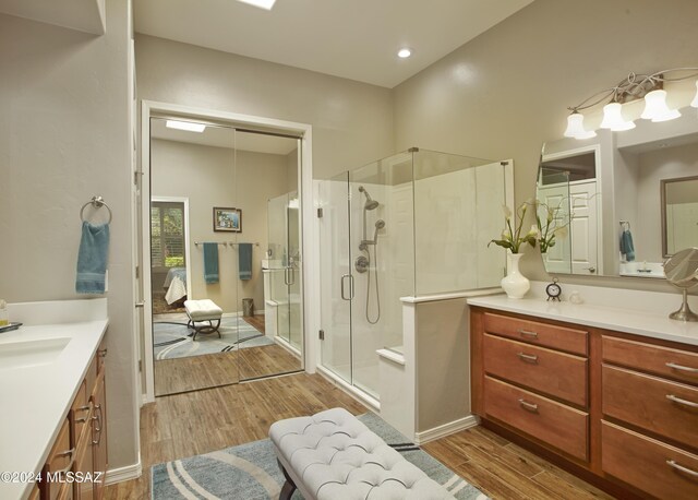 bathroom with vanity, hardwood / wood-style flooring, and a shower with shower door