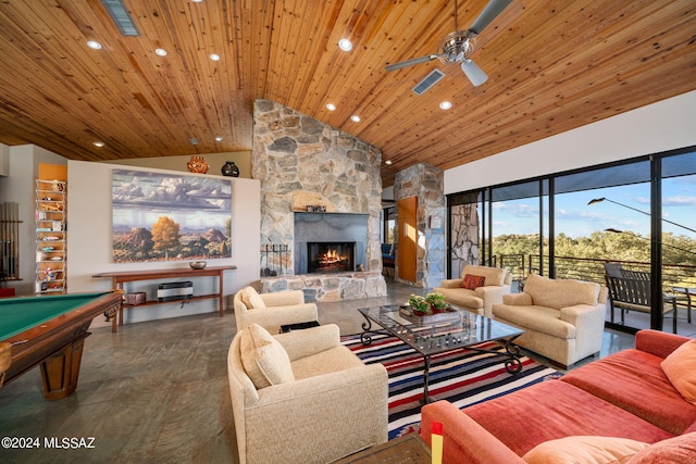 living room with pool table, high vaulted ceiling, a stone fireplace, ceiling fan, and wooden ceiling